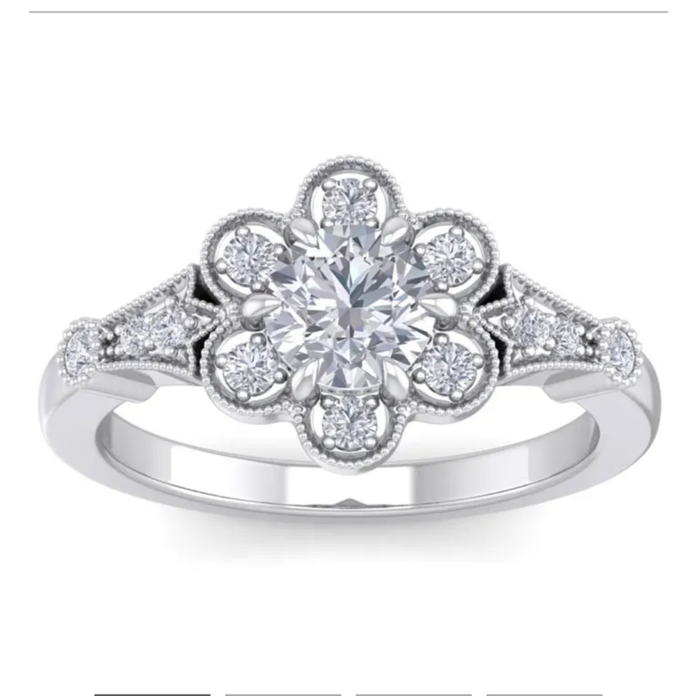 1 Carat Round Flower Shape Moissanite Vintage Engagement